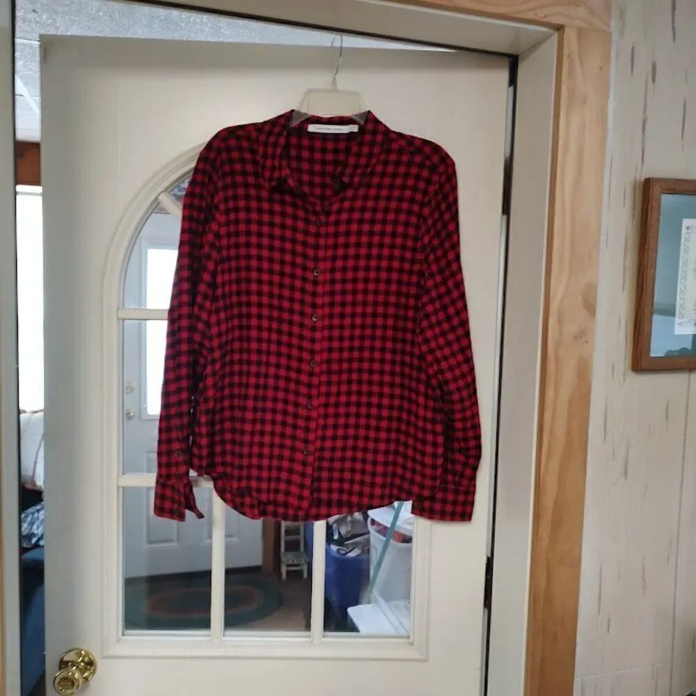 Calvin Klein Red Black Checked Long Sleeve Button Down Flannel Size Women's XL